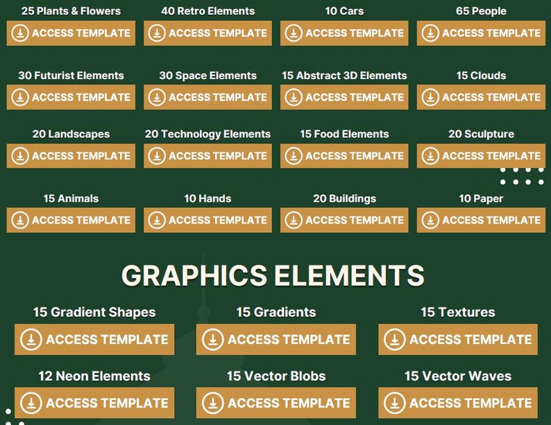 K&ouml;nnte beinhalten: Eine dunkelgr&uuml;ne Grafik mit verschiedenen Designelementen, darunter Pflanzen, Retro-Elemente, Autos und Personen. Jede Kategorie ist mit einer Nummer und dem Text "ACCESS TEMPLATE" in einer goldenen Box versehen. Die Worte "GRAPHICS ELEMENTS" stehen im Zentrum.