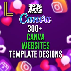 以下が含まれることがあります： 紫色のグラフィックで、青と白で「Canva」、緑と白で「300+ Canva Websites Template Designs」と書かれています。画像にはソーシャルメディアのアイコンとDigital Arts Warehouseのロゴが含まれています。