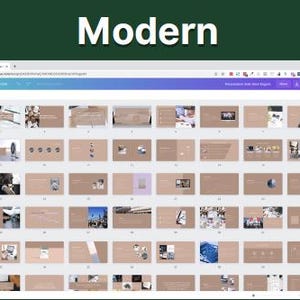 May include: A computer screen displaying a presentation with the word "Modern" at the top. The presentation slides are in shades of brown and beige, with various images and text. The presentation is open in a web browser.