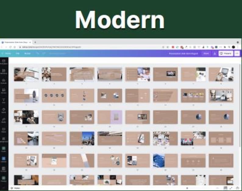May include: A computer screen displaying a presentation with the word "Modern" at the top. The presentation slides are in shades of brown and beige, with various images and text. The presentation is open in a web browser.