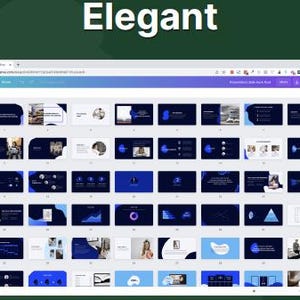 May include: A computer screen displaying a presentation template with the word "Elegant" at the top. The template features various slide designs in shades of blue and white, with graphic elements and text placeholders. The presentation is designed for business or professional use.