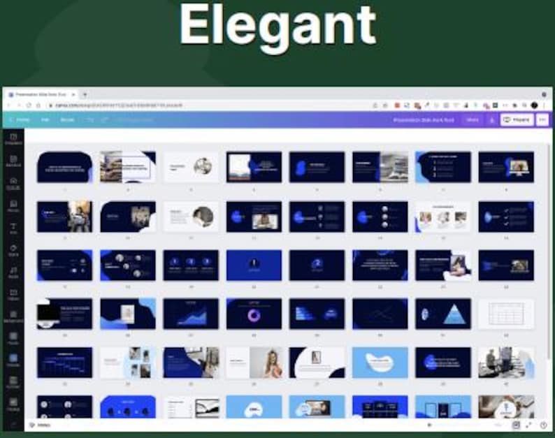 May include: A computer screen displaying a presentation template with the word "Elegant" at the top. The template features various slide designs in shades of blue and white, with graphic elements and text placeholders. The presentation is designed for business or professional use.