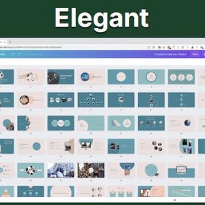 May include: A computer screen displaying a presentation template with multiple slides. The slides feature a teal and beige color scheme with various graphic elements, including circles, icons, and text. The word "Elegant" is at the top.