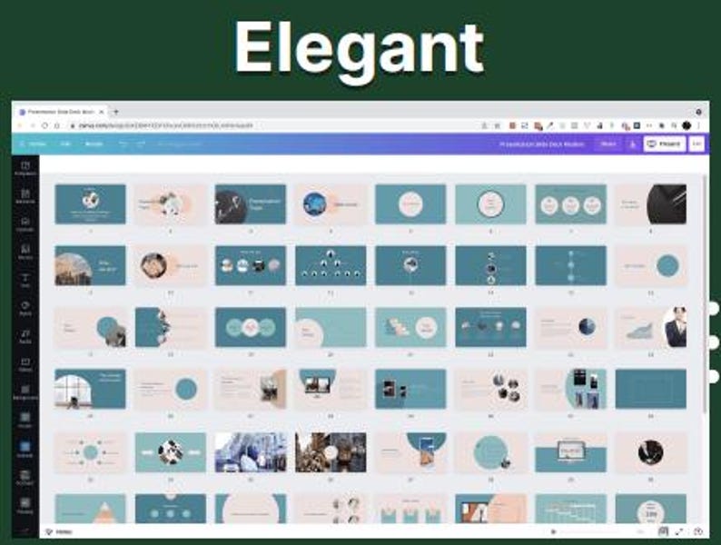 May include: A computer screen displaying a presentation template with multiple slides. The slides feature a teal and beige color scheme with various graphic elements, including circles, icons, and text. The word "Elegant" is at the top.