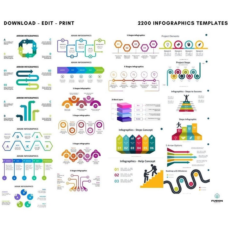 May include: A collection of 2200 infographic templates for business presentations. The templates feature colorful arrows, steps, and other visual elements to help illustrate data and concepts. The templates are organized into categories such as "Arrow Infographics", "Adkar Infographics", "5 Stages Infographics", "Project Elements", "Project Steps", "Infographics - Steps to Success", "Steps Infographic", "Infographics - Steps Concept", "5 Arrow Options", "Infographics - Help Concept", and "Roadmap with Milestones".