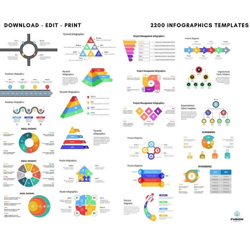May include: A collection of 2200 infographic templates for business presentations. The templates include various styles, such as roadmaps, pyramids, process diagrams, and organizational charts. The templates are colorful and visually appealing.