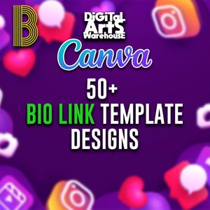 以下が含まれることがあります： 紫色のグラフィックで、青と白の「Canva」と緑と白の「50+ Bio Link Template Designs」の文字が書かれています。画像にはソーシャルメディアのアイコンとDigital Arts Warehouseのロゴが含まれています。