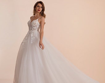 Vestido de novia boho marfil, vestido de novia sin mangas, vestido de novia de encaje, vestido de novia de línea A, vestido de novia personalizado