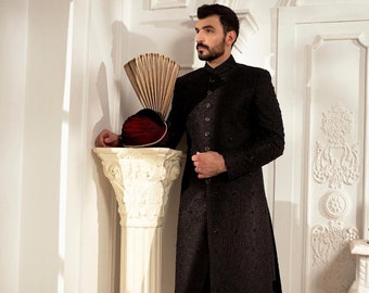 Hombres negro Sherwani, hombres Sherwani, vestido de novia de los hombres, Sherwani para la boda, vestido de novia del novio, novio boda Sherwani