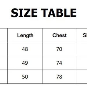 May include: Size chart for clothing with measurements in centimetres for length, chest, and shoulder. Sizes include S, M, and L.