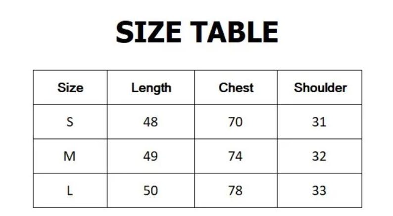 May include: Size chart for clothing with measurements in centimetres for length, chest, and shoulder. Sizes include S, M, and L.