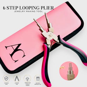 May include: A 6-step looping plier jewelry making tool with a silver metal head and black and pink handles. The tool is displayed with a pink storage case featuring the letters AC. Text on the image reads 6 STEP LOOPING PLIER JEWELRY MAKING TOOL.