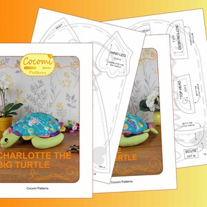 May include: A sewing pattern for a plush toy turtle named Charlotte. The pattern includes instructions for making a large turtle and a smaller turtle. The pattern is printed on white paper with black lines.