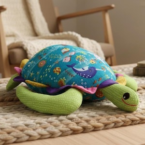 May include: A plush turtle toy with a teal shell featuring an underwater scene with a whale and other sea creatures. The turtle has green, yellow, and purple accents. The toy is on a woven rug.
