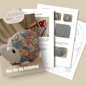 May include: A handmade stuffed hedgehog with a patchwork design in shades of blue, peach, and cream. The hedgehog is displayed with pattern instructions and the text "Max the big hedgehog". The image also includes the "Cocomi Patterns" logo.