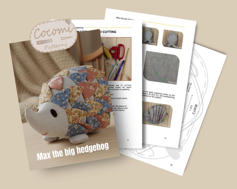 May include: A handmade stuffed hedgehog with a patchwork design in shades of blue, peach, and cream. The hedgehog is displayed with pattern instructions and the text "Max the big hedgehog". The image also includes the "Cocomi Patterns" logo.