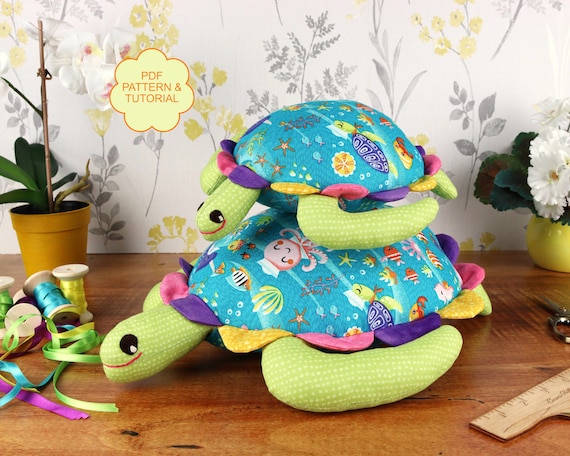 Soft turtle sewing patterns, Soft toy pdf sewing pattern and tutorial, Pattern set to sew two sizes of turtle