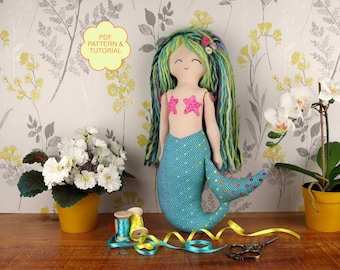 Rag mermaid pattern and tutorial, Fabric doll pdf sewing pattern, Cloth doll pdf pattern for sewing a mermaid