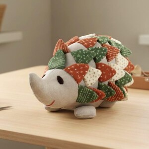 Könnte beinhalten: Ein handgefertigtes Stoffigel-Spielzeug mit einem hellgrauen Körper und einem bunten Patchwork-Rücken. Der Patchwork-Rücken hat orangefarbene, grüne und cremefarbene Stoffstücke. Der Igel hat kleine schwarze Augen und einen lächelnden roten Mund.