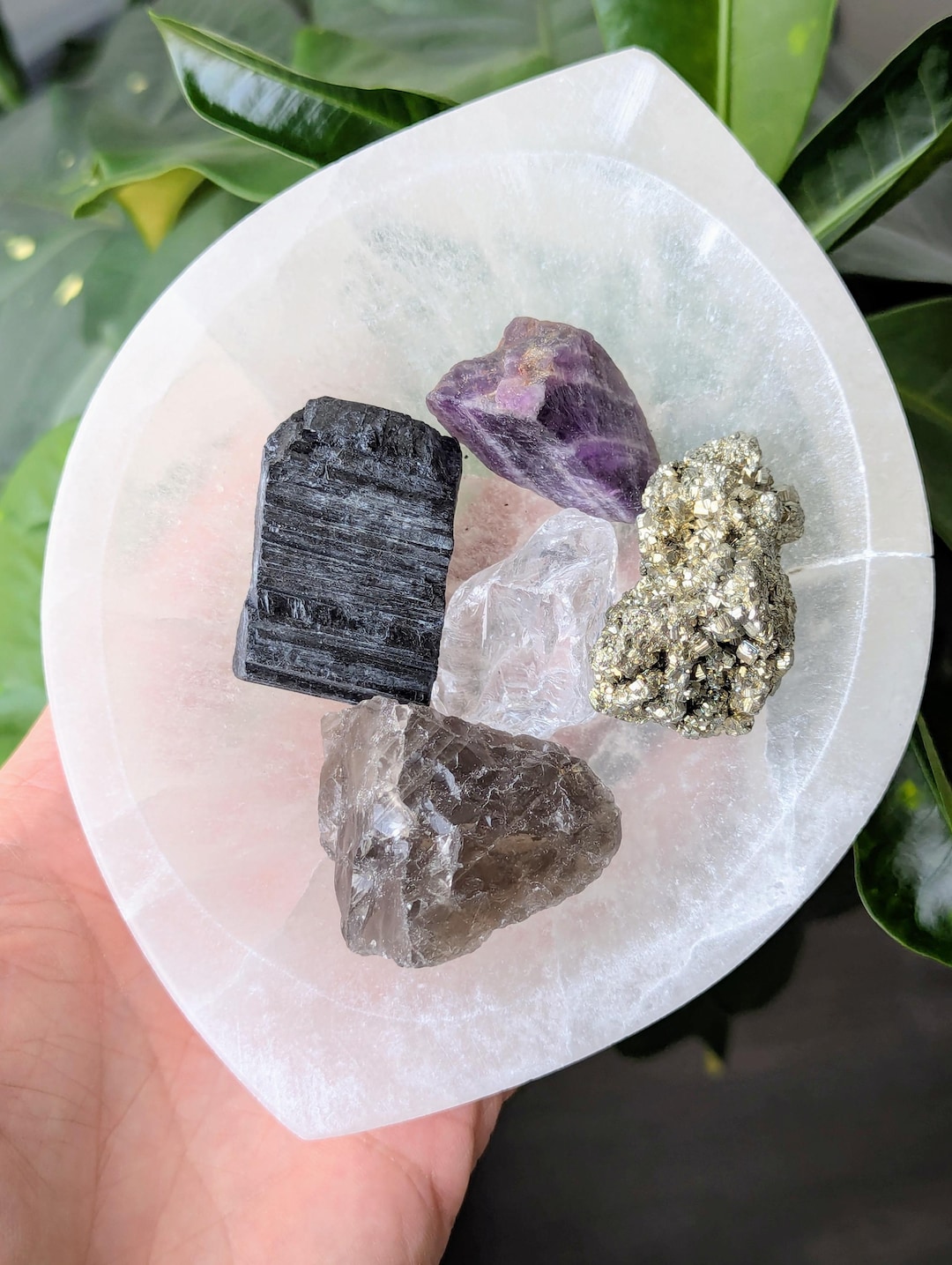 Protection Crystal Set Protection Crystal Set: Selenite Bowl, Raw Amethyst, Tourmaline, Quartz ...