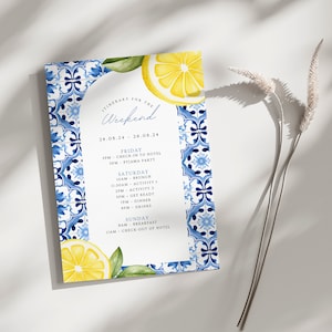 May include: A blue and white tiled background with lemons and green leaves. The text "ITINERARY FOR THE WEEKEND" is at the top of the page. The dates "24.08.24 - 26.08.24" are below the title. The text lists a schedule of events for a weekend getaway, including check-in, brunch, activities, dinner, drinks, and check-out.
