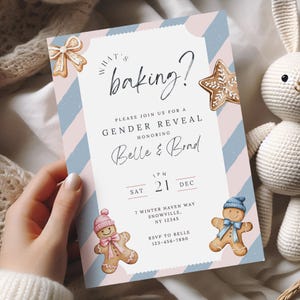 Whats Baking Gender Reveal Gingerbread Invitation, Winter Baby Shower, Gingerbread Christmas Cookie, Neutro, Canva Scarica PDF fai da te #Belle