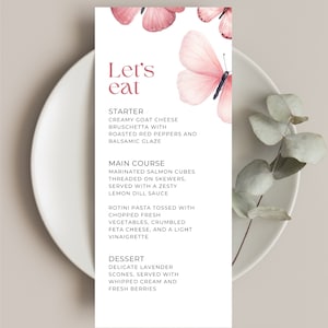 Modelo de menu de chá de panela A Lifetime of Butterflies, menu personalizável editável, download instantâneo em PDF, edição no Canva, jantar #Megan