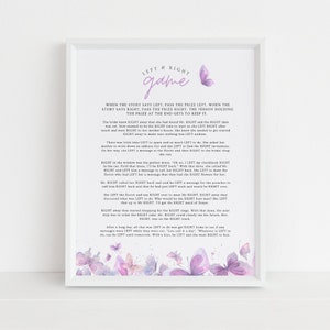 May include: A printable game card with a purple butterfly design. The card features a story about a bride and groom planning their wedding. The story uses the words "left" and "right" to create a fun game for guests to play.