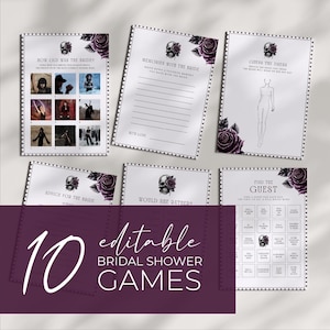 May include: Ten printable bridal shower games with a gothic theme. The games include "How Old Was the Bride", "Memories with the Bride", "Guess the Dress", "Advice for the Bride", "Would She Rather", and "Find the Guest".