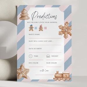 Modello di schede di previsione per baby shower, pan di zenzero, cosa si cucina, tema invernale natalizio, ricordo, download PDF Canva, maschio o femmina #Belle
