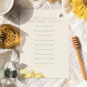 May include: A printable bridal shower game with the title "Who Knows The Bride Most?" and a list of questions about the bride, such as "What is her middle name?" and "What is her favorite food?"