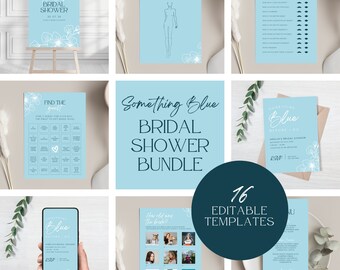 May include: A blue and white printable bridal shower bundle with 16 editable templates. The bundle includes games such as "Guess the Dress", "Find the Guest", "Something Blue Before I Do", and "Mr. & Mrs."