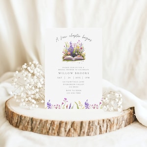 May include: A bridal shower invitation with a watercolor illustration of an open book with flowers growing from it. The text reads "A new chapter begins" and "Please join us for a bridal shower to celebrate Willow Brooks, Sat 24 Aug 1PM, 124 Fairytale Lane, Evergreen Valley, CA 95101, RSVP to Eden, 123-456-7890".