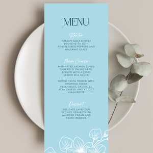 Etwas Blaues vor der Brautdusche Menüvorlage, Dusty Blue Floral, druckbares Menü bearbeitbar, sofortiger Download, bearbeiten in Canva #Amelia