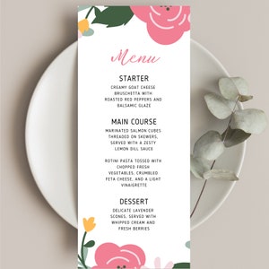 Modelo de cardápio de chá de panela para almoço, Love is in Bloom, decoração de mesa, jantar, menu personalizável editável, download instantâneo, edição no Canva #Eliza