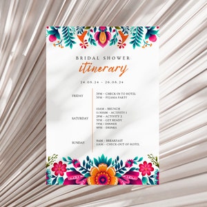 May include: A white invitation with a floral border featuring orange, pink, and teal flowers. The text reads "BRIDAL SHOWER itinerary" with the dates 24.08.24 - 26.08.24. The itinerary includes check-in, activities, dinner, and drinks.