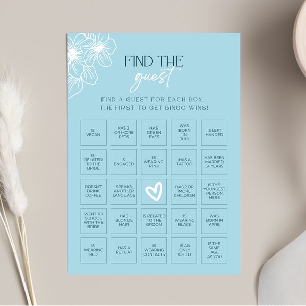 Bridal Shower Game Template, Blue Floral, Printable Find the Guest Editable, Instant Download, Edit in Canva, Amelia Collection
