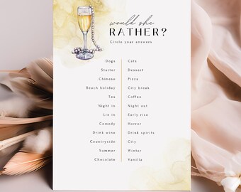 Pearls And Prosecco Bridal Shower Canva Template, Would She Rather Game, Hen Party Ideas, Luxury Bachelorette, DIY Editable Print #Eloise