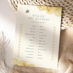She Found Her Honey Bridal Shower Games Template, Would She Rather Game, This or That, Hen Party Ideas, Bride to Bee, Editable Print #Zara