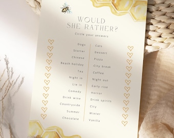 She Found Her Honey Bridal Shower Games Template, Would She Rather Game, This or That, Hen Party Ideas, Bride to Bee, Editable Print #Zara