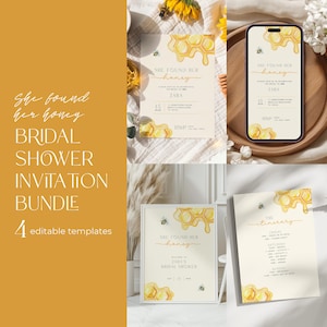 May include: A bridal shower invitation bundle with four editable templates. The design features honeycomb and bee graphics, with the text "She found her honey". The invitation is shown on a phone, framed, and as a printed card.