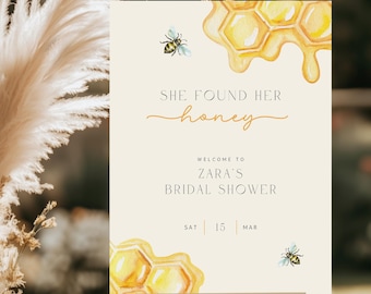 She Found Her Honey Bridal Shower Welcome Sign Template, Editable Signage PDF, DIY Printable Decor, Bride to Bee Hen Do, Edit in Canva #Zara