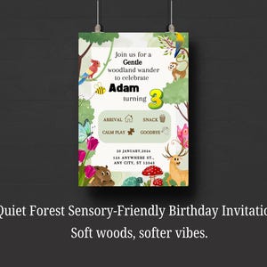 May include: A whimsical birthday invitation with a woodland theme. The invitation features illustrations of animals, flowers, and trees. The text reads "Join us for a Gentle woodland wander to celebrate Adam turning 3". Includes date and address.