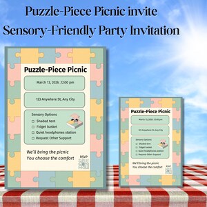 May include: Two invitations for a "Puzzle-Piece Picnic" with a sensory-friendly theme. The invitations are framed with puzzle piece borders and include event details such as date, time, and location. The text reads "We'll bring the picnic, You choose the comfort."