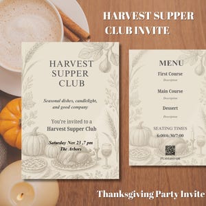 Peut inclure: Une invitation de fête de Thanksgiving beige avec le texte "Harvest Supper Club Invite". L'invitation présente des illustrations de citrouilles, d'une dinde et d'un menu. L'invitation comprend également le texte "Thanksgiving Party Invite".