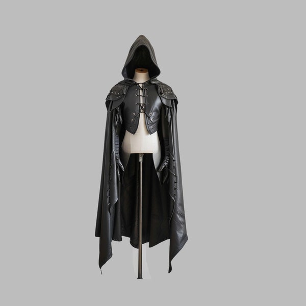 Pure Black Leather Medieval Hooded Cloak - Leather Cloak With Vest For Cosplay - Hooded Cloak Leather Gift For Men