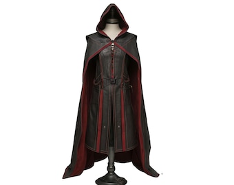 The Lone Wanderer - Handmade Red & Black Leather Medieval Hooded Cloak with Suit for Cosplay - Leather Gift Cloak for Renaissance Fair Men