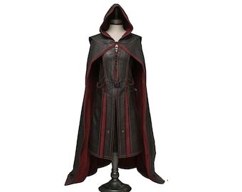 Handmade Red & Black Leather Medieval Hooded Cloak - Leather Cloak With Suit For Cosplay - Hooded Cloak Leather Gift For Men