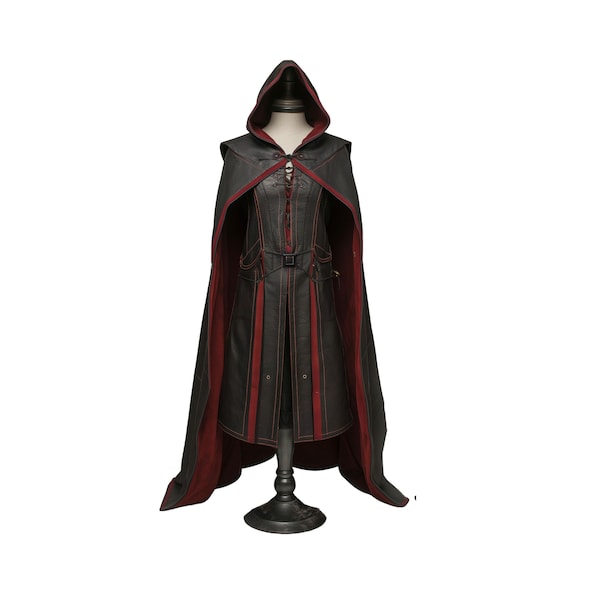 Handgemaakte rode en zwarte lederen middeleeuwse kapmantel - leren mantel met pak voor cosplay - kapmantel lederen cadeau voor mannen