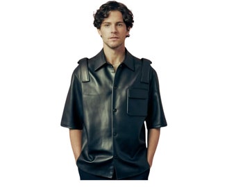 100% Genuine Black Leather Gay Oversized Shirt - Handmade Leather LGBT Custom Shirt - Leather Unisex Leather Button Up Shirt Gift